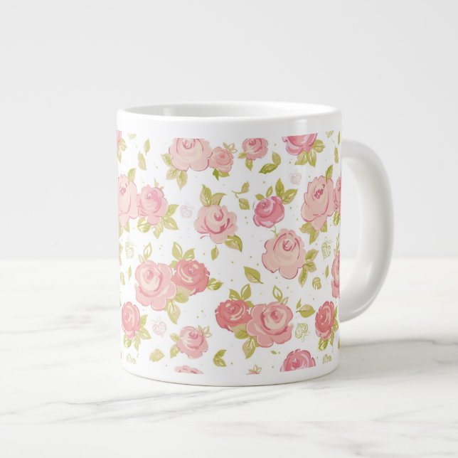 Caneca De Café Grande Padrão de papel de parede de Elegance de rosas ros (Frente Esquerda)