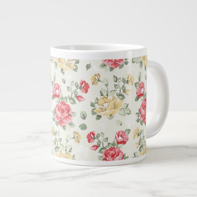 Caneca De Café Grande Padrão de papel de parede de Elegance de rosas ros (Frente Esquerda)