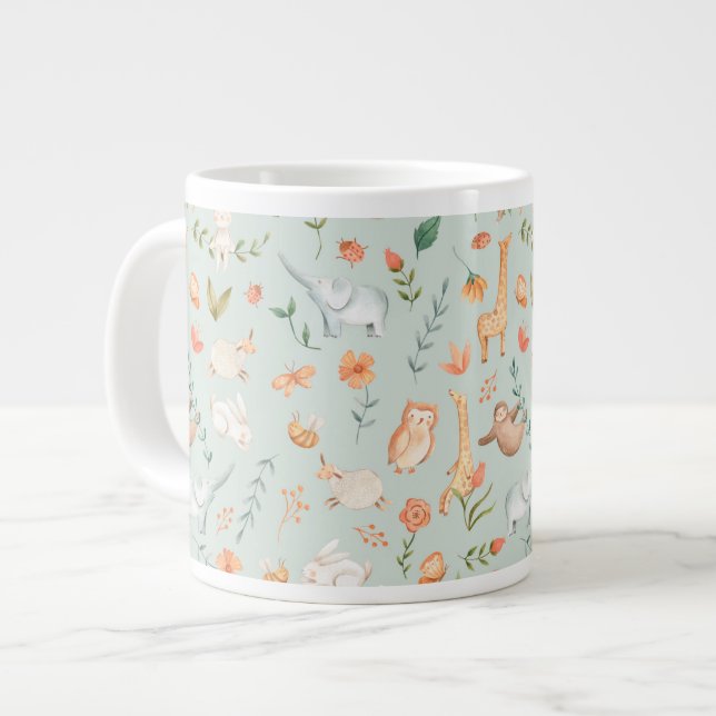Caneca De Café Grande Padrão de Pastel de Bebê-Teal-Cute (Frente Esquerda)