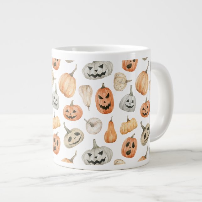 Caneca De Café Grande Padrão de Pumpkin de Aquarela Divertida (Frente Esquerda)