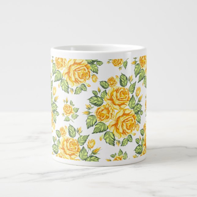 Caneca De Café Grande Padrão de Rosas Amarelas Florais (Frente)