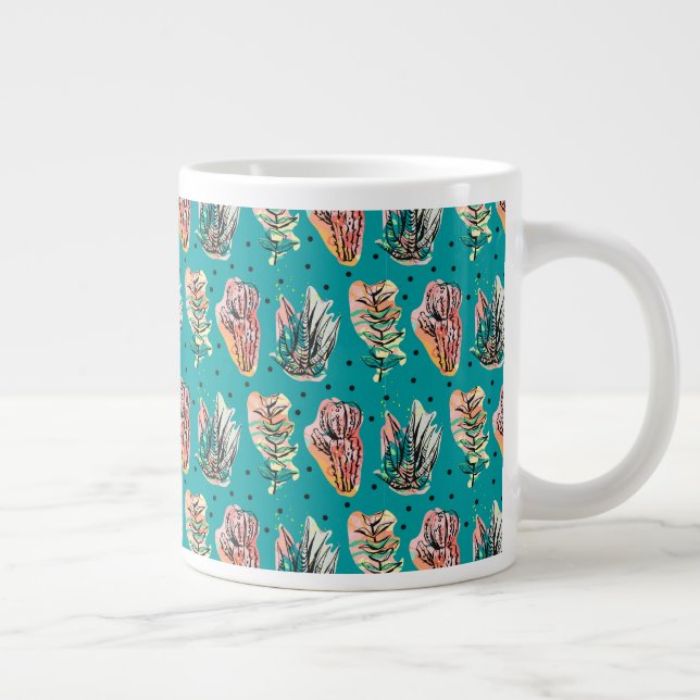 Caneca De Café Grande Padrão de Suculência do Cactus Gráfico Abstrato (Direita)