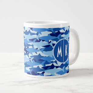 Caneca De Café Grande Padrão de Tubarão Azul Monograma