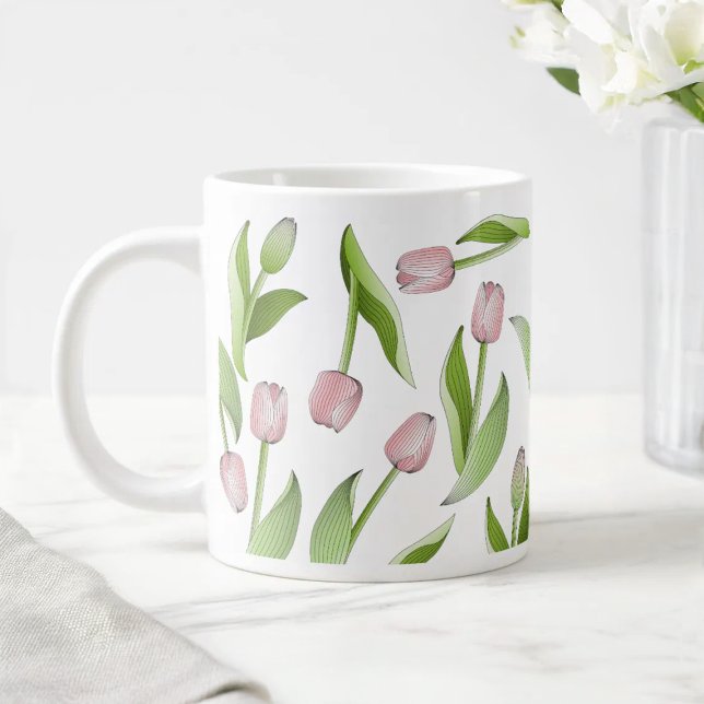 Caneca De Café Grande Padrão de Tulipas Rosa Moderno (Criador carregado)