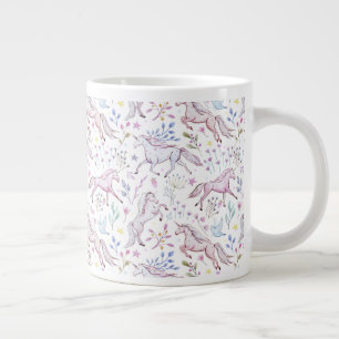 Caneca De Café Grande Padrão de Unicórnio Floral Watercolor