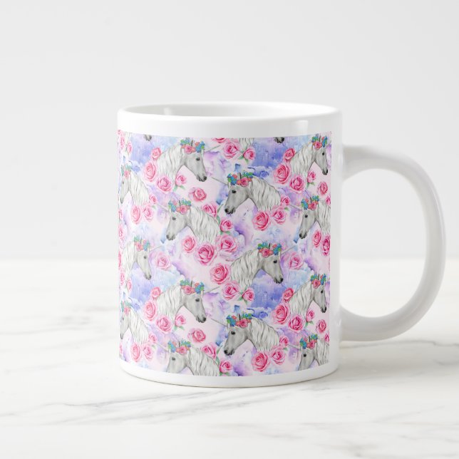 Caneca De Café Grande Padrão de Unicórnios e Rosas (Direita)