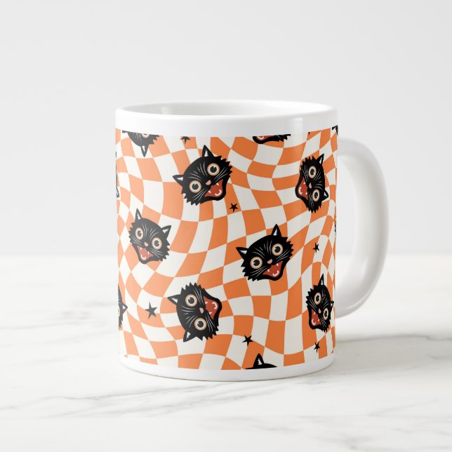 Caneca De Café Grande Padrão de Verificação de Laranja de Gato Preto Ret (Frente Esquerda)