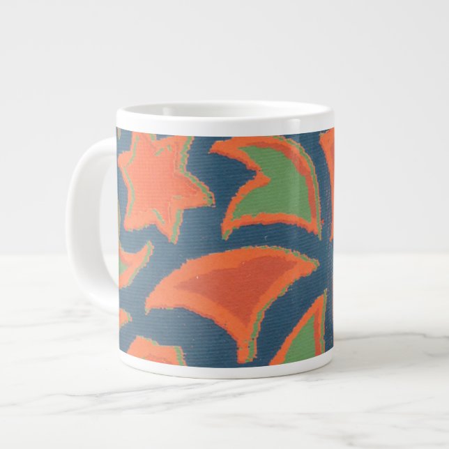 Caneca De Café Grande Padrão Étnico Mug Jumbo, Laranja Queimada, Azul Es (Frente Esquerda)