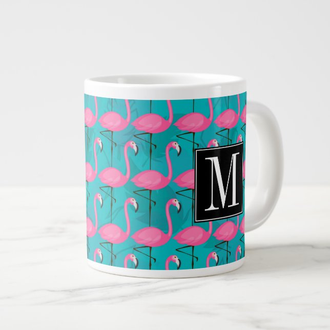 Caneca De Café Grande Padrão Flamingo Brilhante| Adicione Seu Inicial (Frente Esquerda)