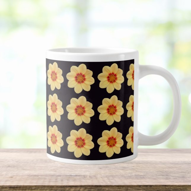 Caneca De Café Grande Padrão Floral Amarelo Dahlia em Preto (In Situ)