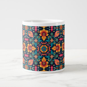 Caneca De Café Grande Padrão Floral Boho Colorido Simetria Elegante