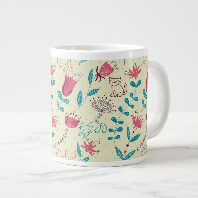Caneca De Café Grande Padrão floral com gatos de desenho (Frente Esquerda)