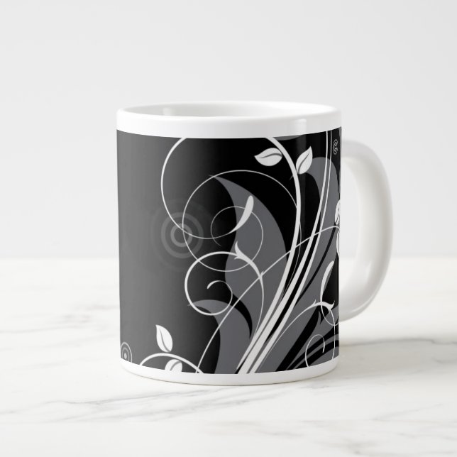 Caneca De Café Grande Padrão Floral de Cinza em Preto (Frente Esquerda)