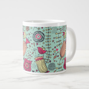 Caneca De Café Grande Padrão floral de desenho animado com aves