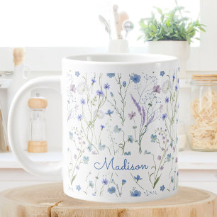 Caneca De Café Grande Padrão Floral de Flor Silvestre Bonita Roxa Azul