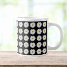 Caneca De Café Grande Padrão Floral de Margarida Branca em Preto