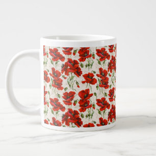 Caneca De Café Grande Padrão Floral de Papoula Vermelha Vintage Arte Bot