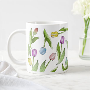 Caneca De Café Grande Padrão Floral de Tulipa Colorida Moderna