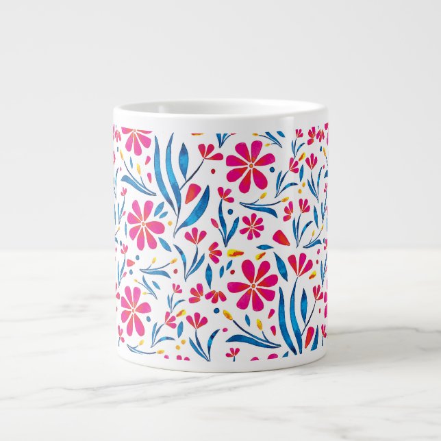Caneca De Café Grande Padrão Floral de Uplifting por Aquarela (Frente)