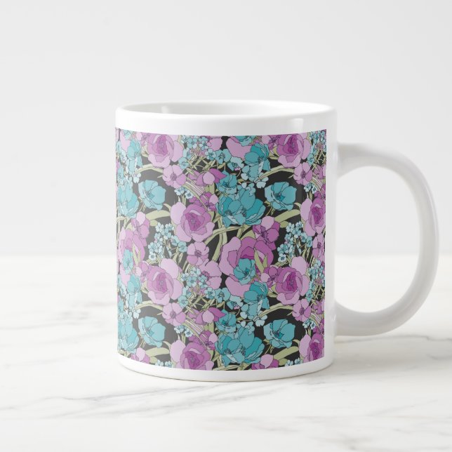 Caneca De Café Grande Padrão Floral Elegante Fundo Preto Púrpura Rosa (Direita)