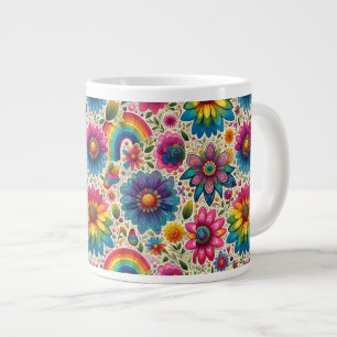 Caneca De Café Grande Padrão Floral Hippie Arco-Íris Retrô