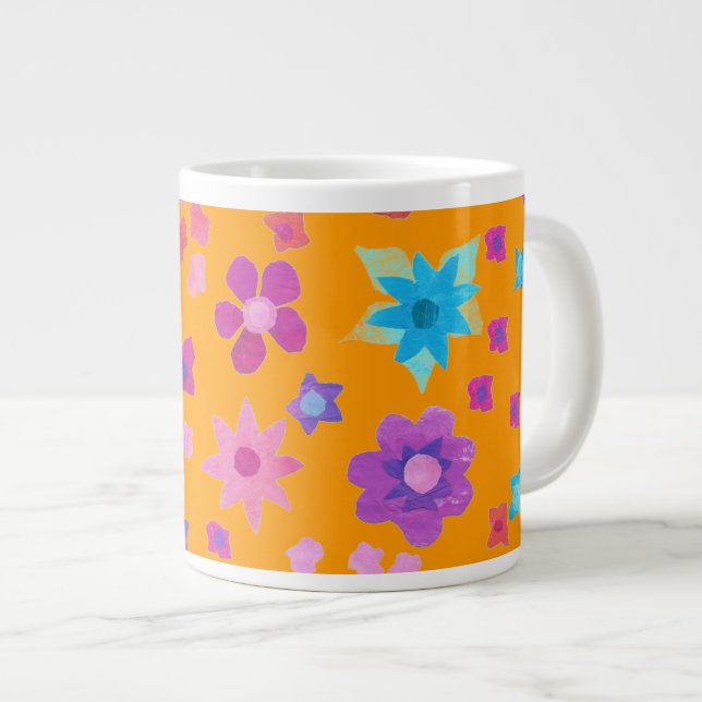 Caneca De Café Grande Padrão Floral, Multicor em Laranja Brilhante (Frente Esquerda)