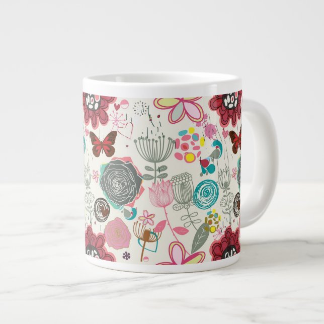 Caneca De Café Grande Padrão floral no estilo retrô 5 (Frente Esquerda)
