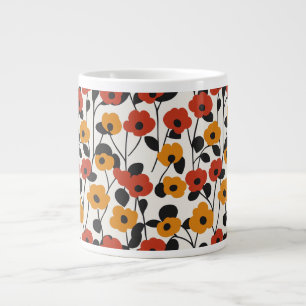Caneca De Café Grande Padrão Floral Retroativo Negrito Vermelho, Laranja
