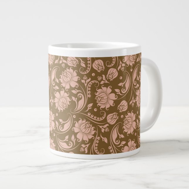 Caneca De Café Grande Padrão Floral Rosa e Marrom (Frente Esquerda)