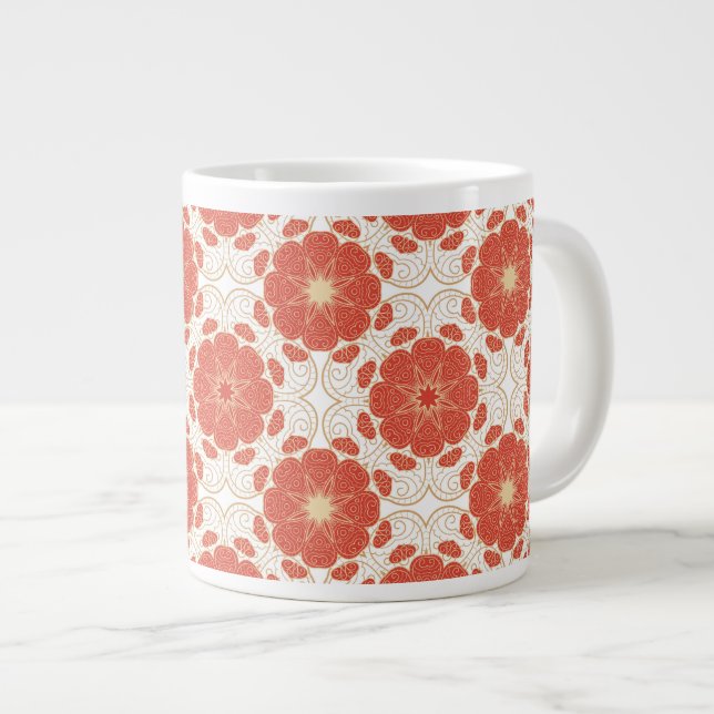 Caneca De Café Grande Padrão Floral Vermelho E Dourado (Frente Esquerda)