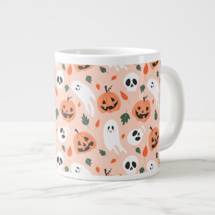 Caneca De Café Grande Padrão Ghost e Jack-O-Lanterna Bonito
