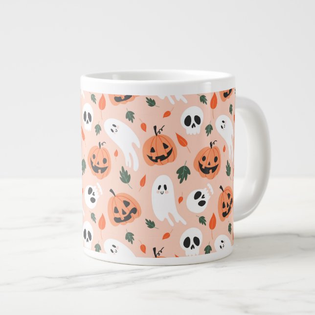 Caneca De Café Grande Padrão Ghost e Jack-O-Lanterna Bonito (Frente Esquerda)
