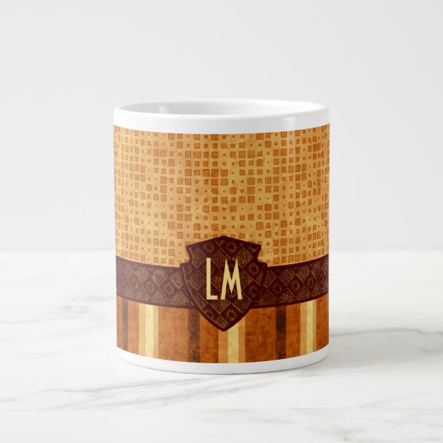 Caneca De Café Grande Padrão Laranja Marrom Abstrato Retro Monograma (Frente)