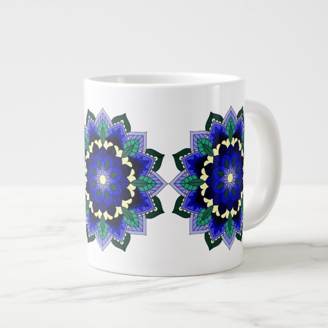 Caneca De Café Grande Padrão Mandala 02 em azul escuro (Frente Esquerda)