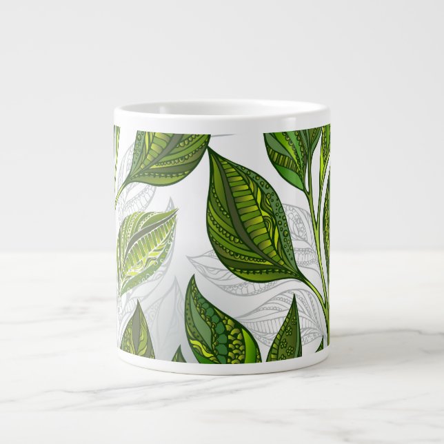 Caneca De Café Grande Padrão sem costura com folhas verdes de chá (Frente)