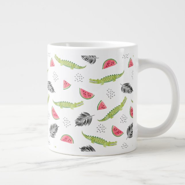 Caneca De Café Grande Padrão Tropical de Melancia e Crocodilo (Direita)