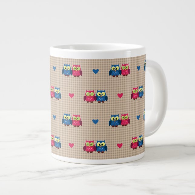 Caneca De Café Grande Padrão verificado com corujas de amor (Frente Esquerda)