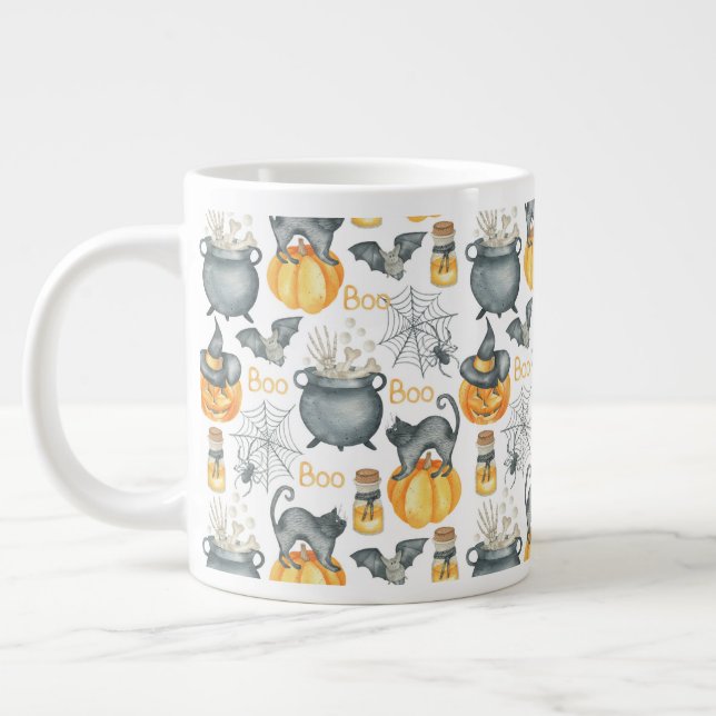 Caneca De Café Grande Padrão Whimsical Halloween Cauldron and Cats (Esquerda)
