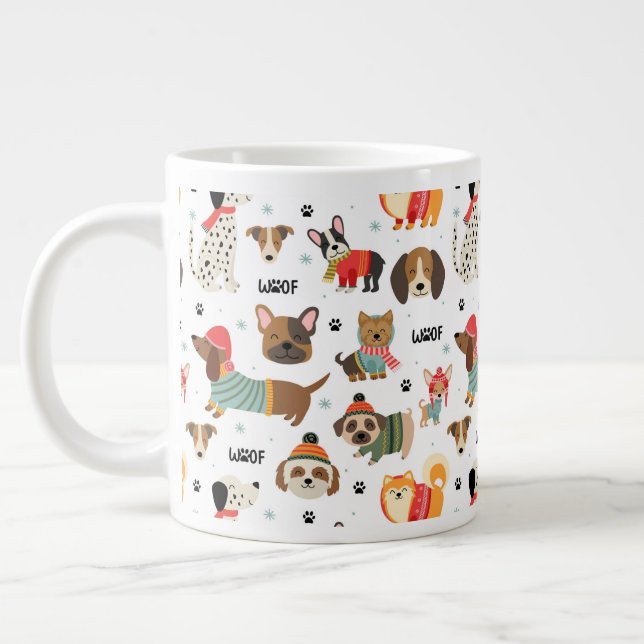 Caneca De Café Grande Padrões de Cães Festivos em Suéteres Feriados (Esquerda)