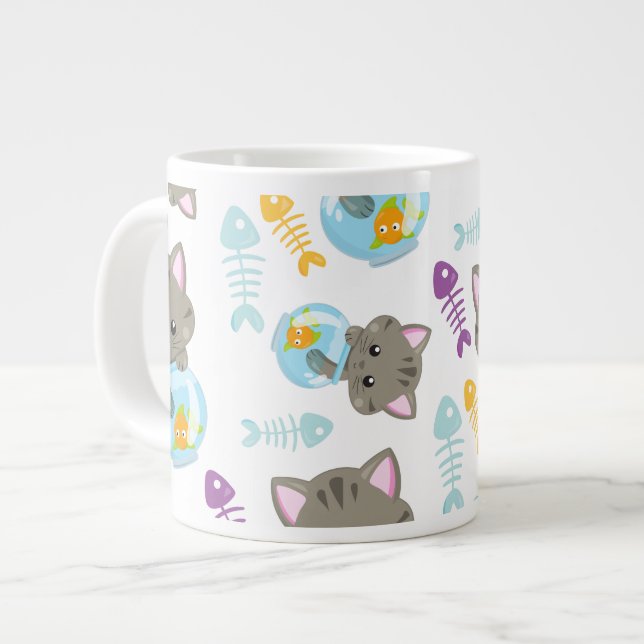 Caneca De Café Grande Padrões De Gatos, Gatos Cutes, Gatinhos, Peixes (Frente Esquerda)