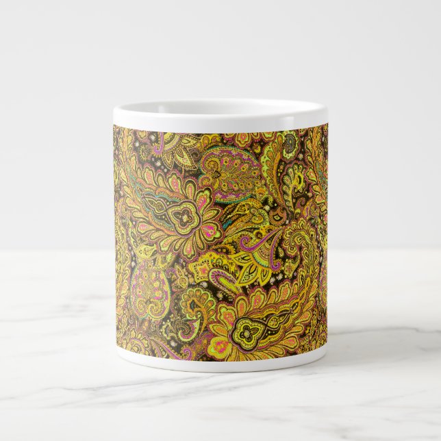 Caneca De Café Grande Paisley Motif in Yellow, Brown on Black Background (Frente)