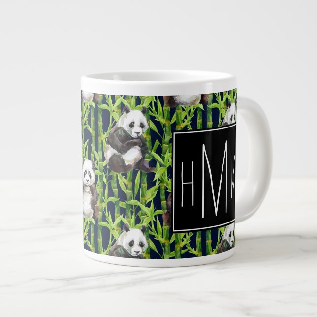 Caneca De Café Grande Panda Com Padrão De Aquarela De Bambu| Monograma (Frente Esquerda)