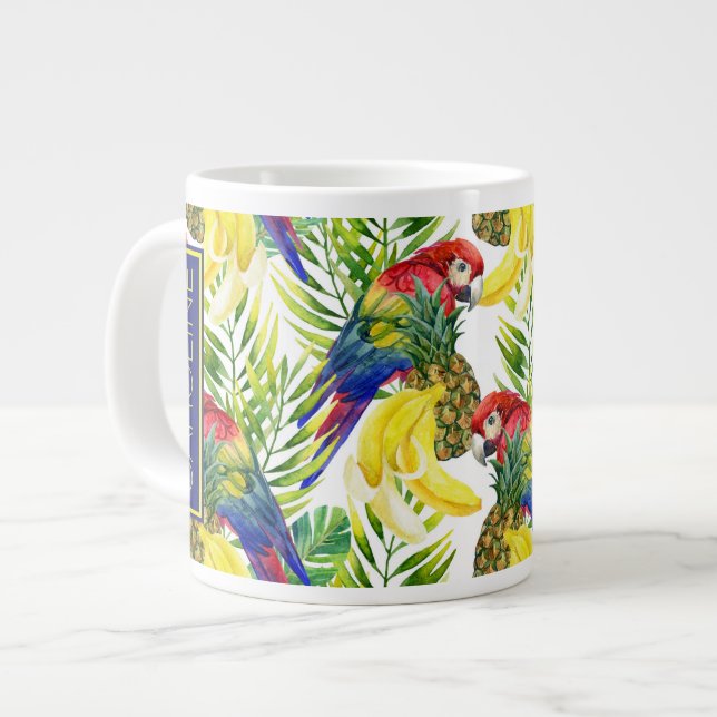 Caneca De Café Grande Papagaios E Frutas Tropicais| Adicione Seu Nome (Frente Esquerda)