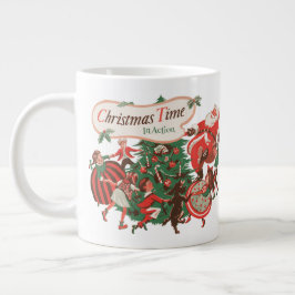 Caneca De Café Grande Papai Noel de Natal Vintage e Crianças Dançando