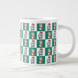 Caneca De Café Grande Papais noeis pinguins aquarela Padrão Feliz de Nat