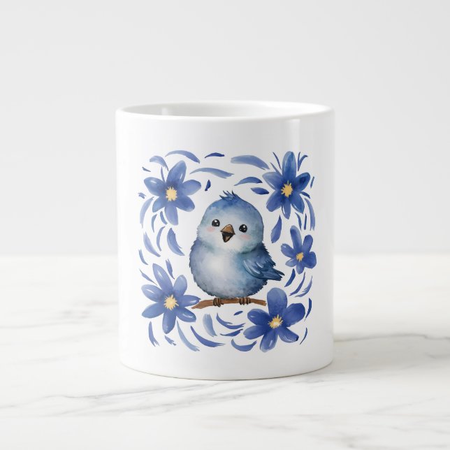 Caneca De Café Grande Pássaro Azul com flores (Frente)