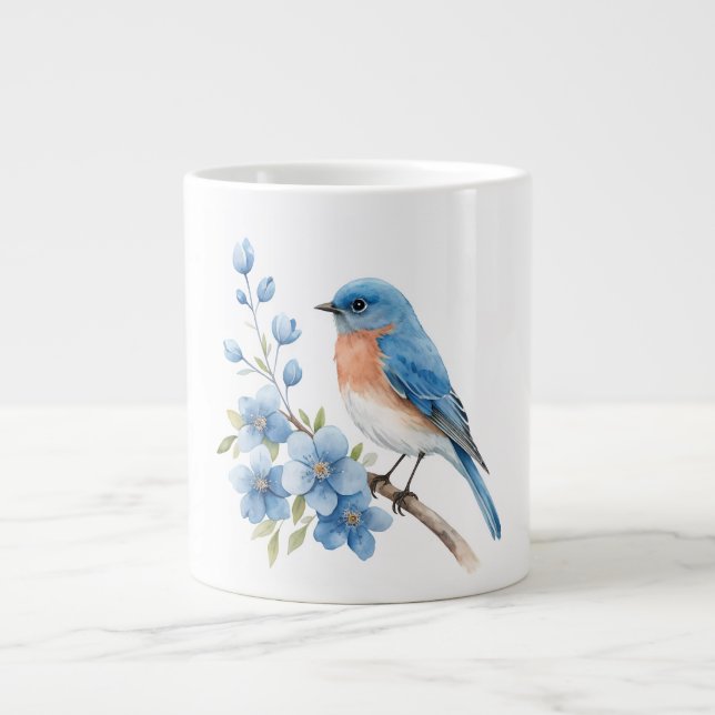 Caneca De Café Grande Pássaro azul com flores azuis (Frente)