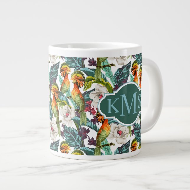 Caneca De Café Grande Pássaro e Flor Exótico| Monograma (Frente Esquerda)