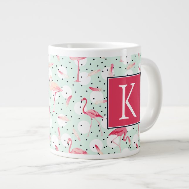 Caneca De Café Grande Pássaro Flamingo Com Penas| Adicione Seu Inicial (Frente Esquerda)