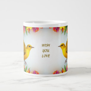 Caneca De Café Grande Pássaros Amarelos Brilhantes em uma Moldura Floral